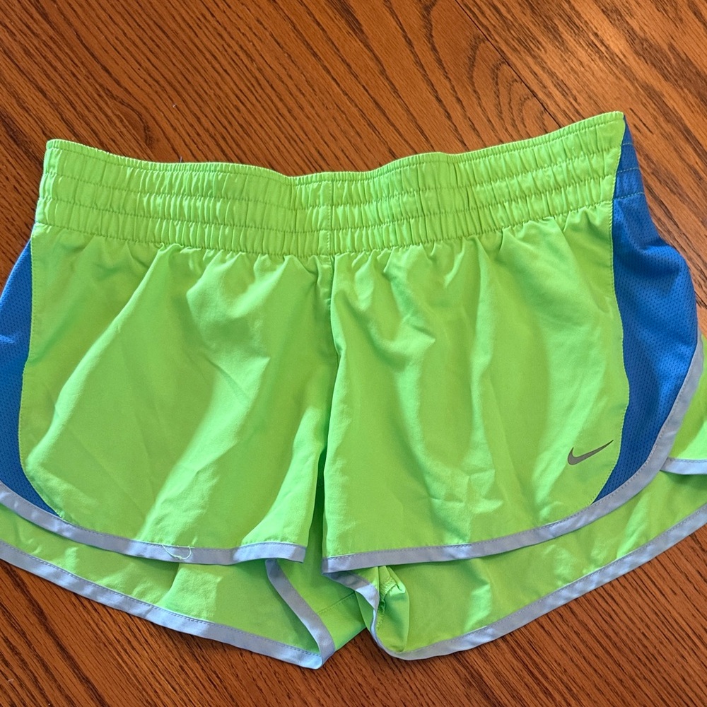 Nike Women's Neon Green Athletic Shorts with Blue Panels